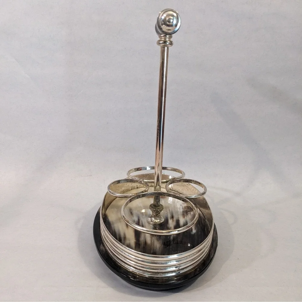 Vintage Silverplate Cruet Stand with Horn Inlay Base and Handle 4 Bottle Holder‎